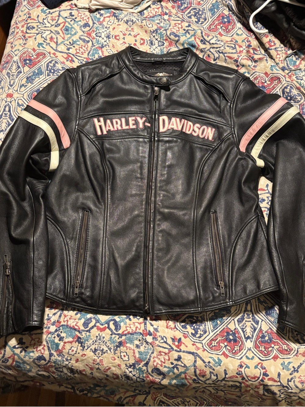 Harley-Davidson Black Leather Jacket with Pink and Cream Stripes